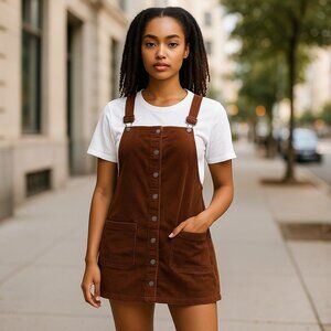 Women Corduroy Overall Dress A Line Mini Jumper Pockets Brown 100% Cotton Sz M